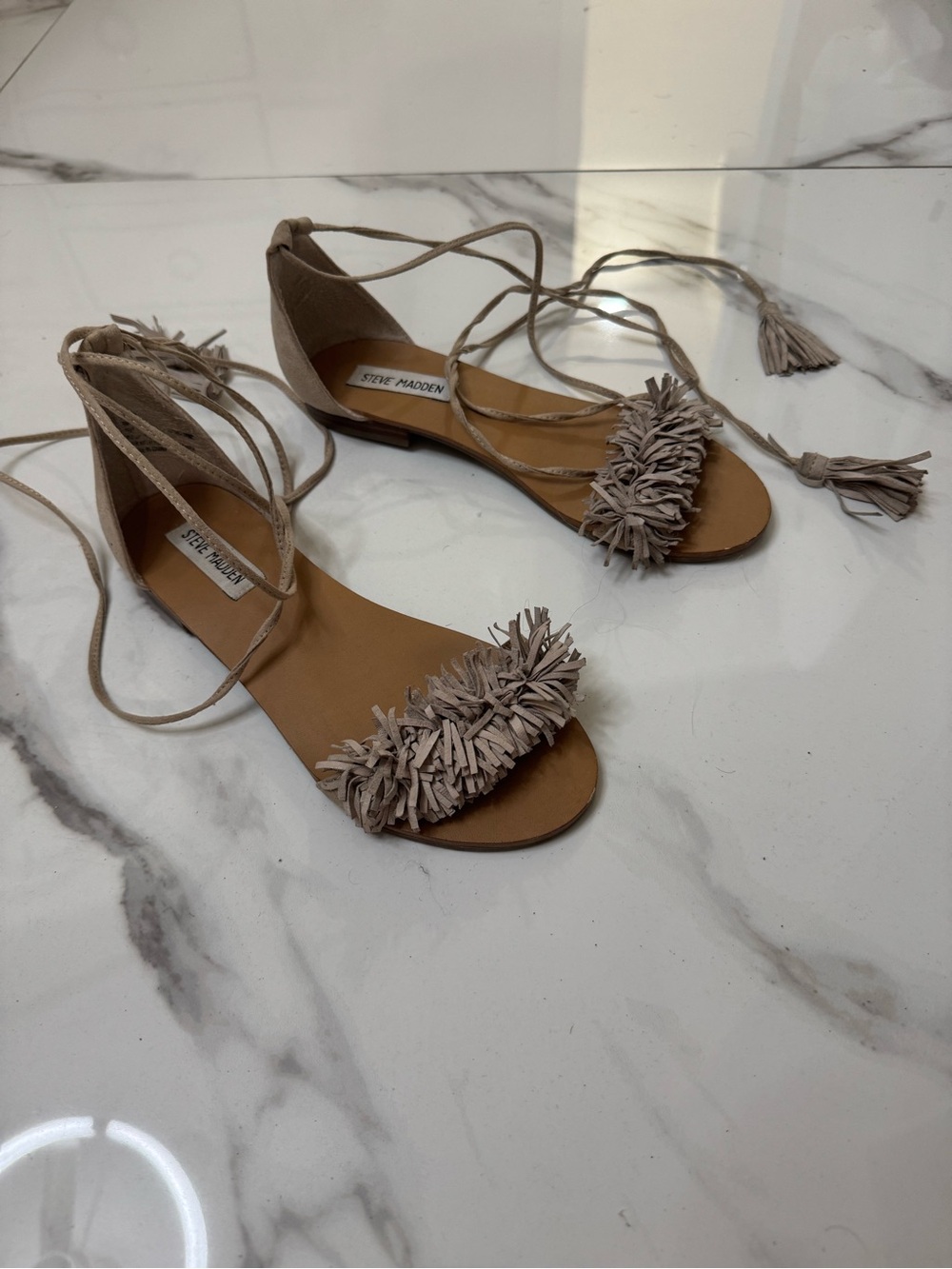 Steve Madden Taupe Fringe Lace-Up Flat Sandals